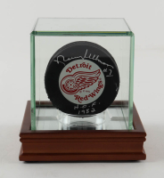 Norm Ullman Signed Red Wings Logo Hockey Puck Inscribed "HOF 1982" with Display Case (PSA) at PristineAuction.com