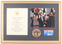 Bill Clinton Custom Framed Photo Display with 1993 Inauguration Invitation, Campaign Bumper Sticker & Inauguration Pin at PristineAuction.com