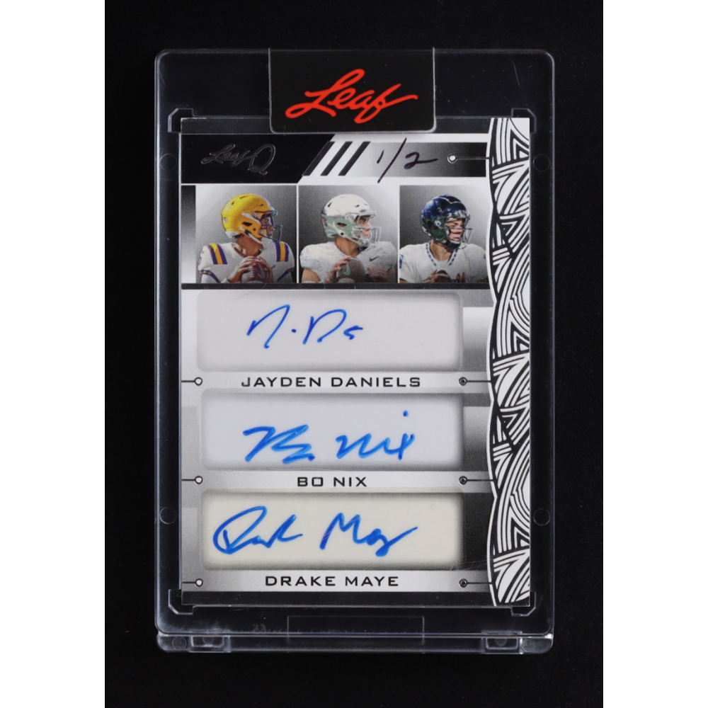 Jayden Daniels / Bo Nix / Drake Maye 2024 Leaf Q Autographs Silver #Q3-2 #1/2 RC at PristineAuction.com