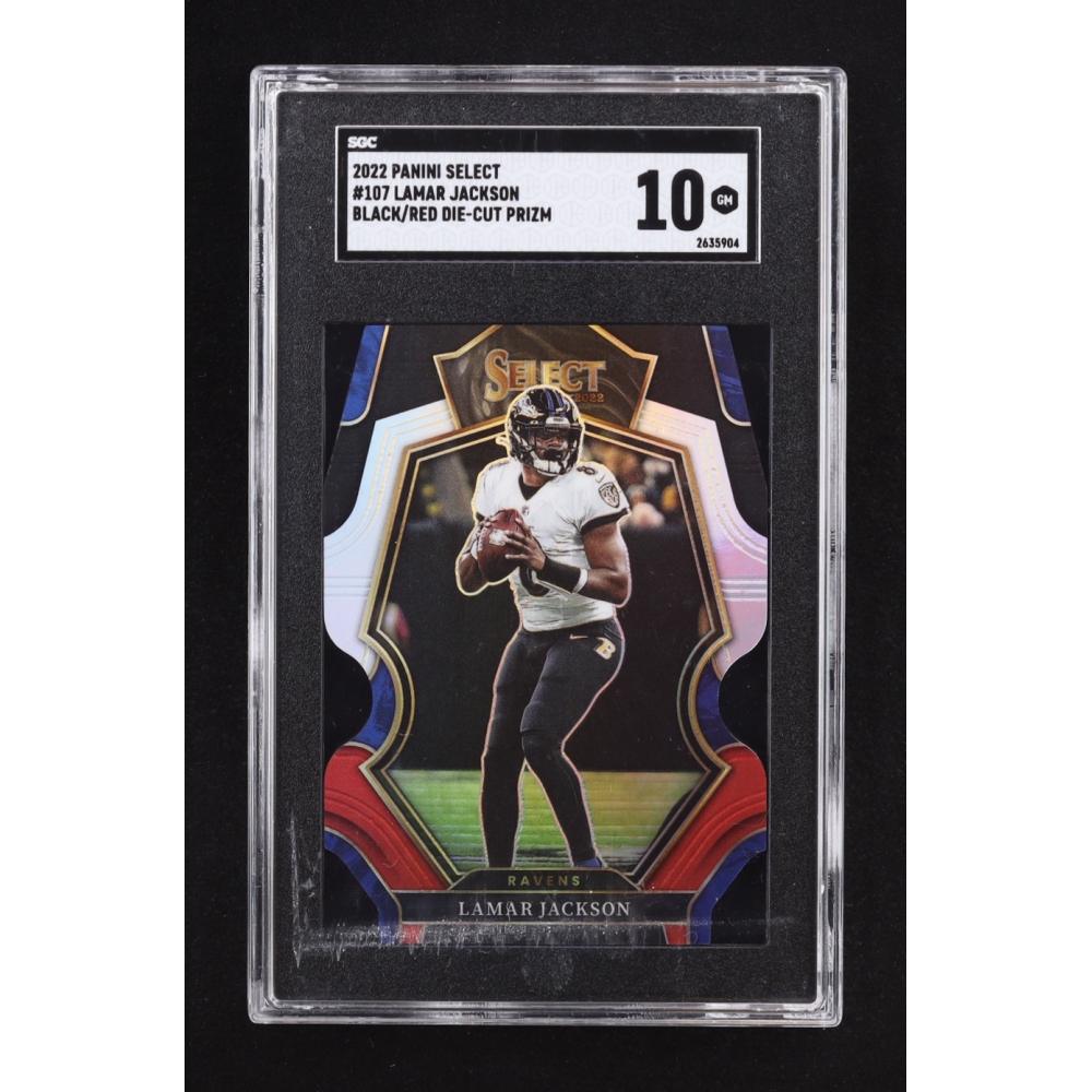 Lamar Jackson 2022 Select Prizm Black and Red Die Cut #107 (SGC 10) at PristineAuction.com
