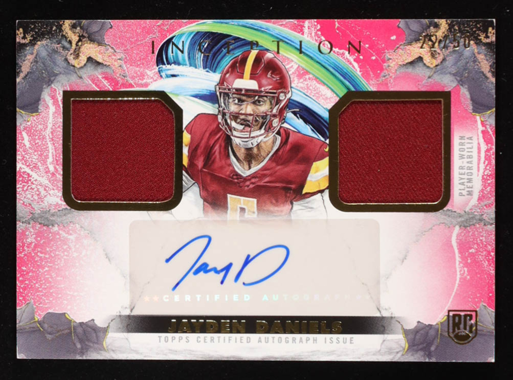 Jayden Daniels 2024 Topps Inception Franchise Foundation Relic Autographs Orange #FFRAJD RC #22/50