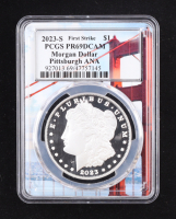 2023-S Proof Morgan Silver $1 Dollar, First Strike - Pittsburgh ANA, Golden Gate Bridge Core (PCGS PR69DCAM) at PristineAuction.com