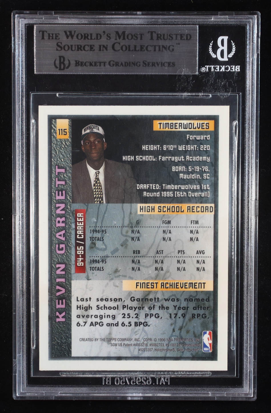Kevin Garnett 1995-96 Finest #115 RC with Coating (BGS 9) at PristineAuction.com Kevin Garnett 1995-96 Finest #115 RC with Coating (BGS 9) at PristineAuction.com