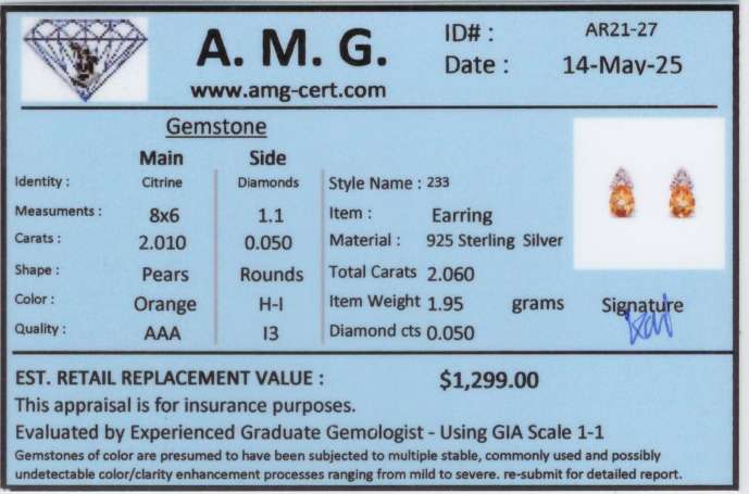 2.06 CTW Natural Citrine & Diamonds Rhodium Plated Designer Earrings | Estimated Retail Value: $1,299 (AMG) at PristineAuction.com 2.06 CTW Natural Citrine & Diamonds Rhodium Plated Designer Earrings | Estimated Retail Value: $1,299 (AMG) at PristineAuction.com