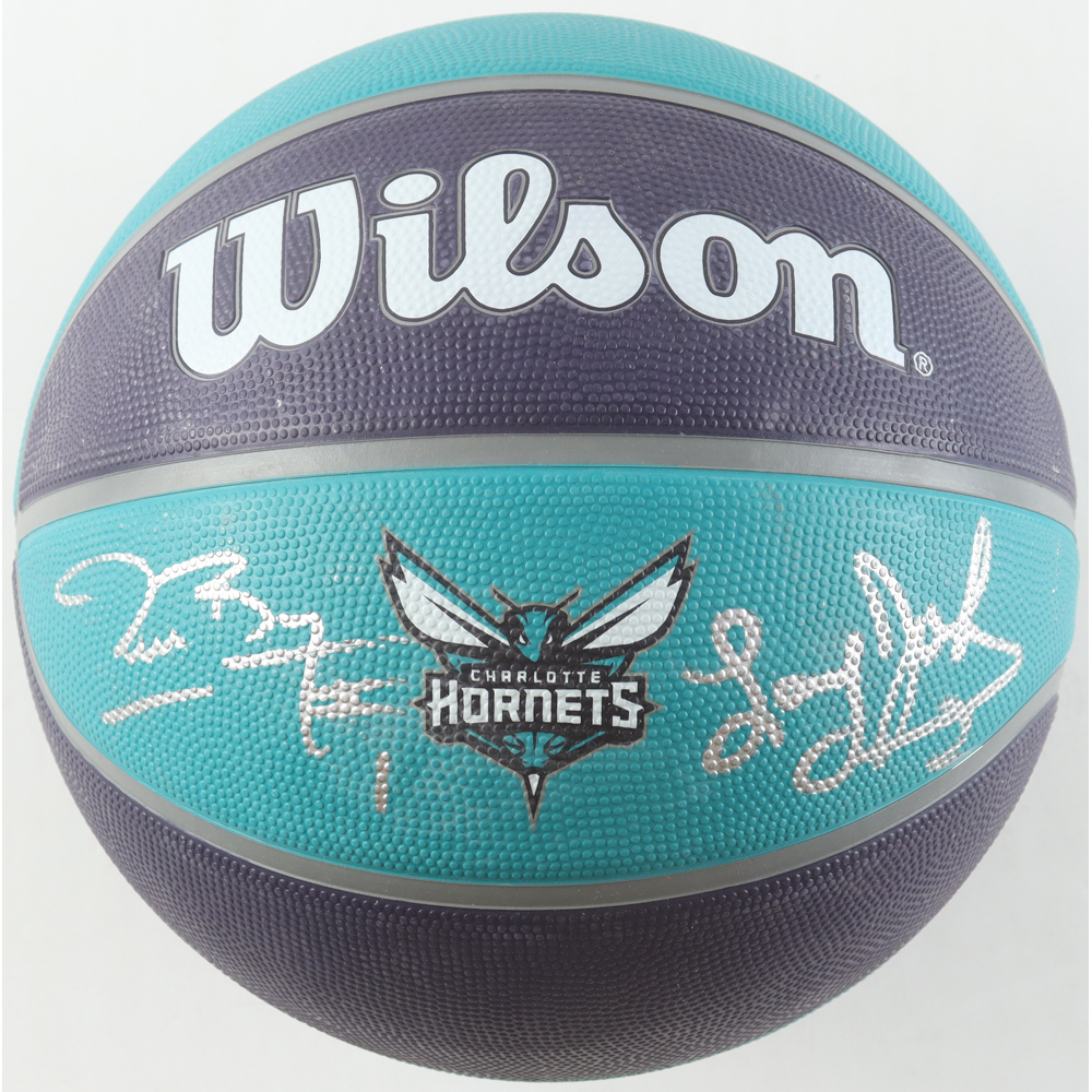 Larry Johnson & Muggsy Bogues Signed Hornets Logo Basketball (AWM) at PristineAuction.com