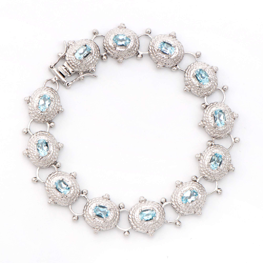 6.55 CTW Natural Blue Topaz Antique Style Rhodium Plated Designer Bracelet 8 in | Estimated Retail Value: $2,039 (AMG) at PristineAuction.com