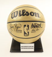 Larry Bird & Magic Johnson Signed NBA Basketball With Display Stand (PSA & Beckett) at PristineAuction.com
