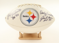 Jack Ham, Jack Lambert, & Andy Russell Signed Steelers Logo Football With HOF Inscriptions & Includes Display Stand (PSA) at PristineAuction.com