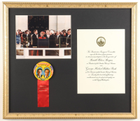 Ronald Reagan 1981 Inauguration Custom Framed Photo with Original Lapel Pin & Inauguration Invitation at PristineAuction.com