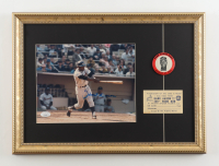 Hank Aaron Signed Custom Framed Photo Display with Vintage HR Pin & 1968 Proof Ticket (JSA) at PristineAuction.com