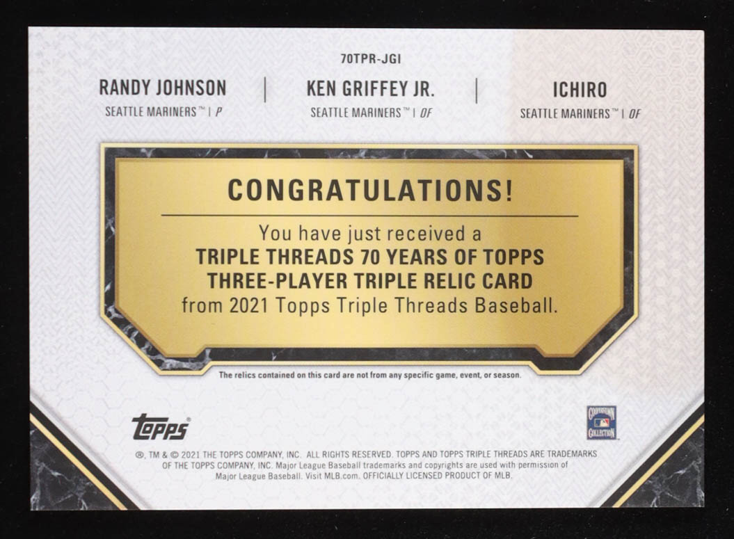 Randy Johnson / Ken Griffey Jr. / Ichiro 2021 Topps Triple Threads 70 Years of Topps Triple Player Relics #70TPRJGI #1/9 at PristineAuction.com Randy Johnson / Ken Griffey Jr. / Ichiro 2021 Topps Triple Threads 70 Years of Topps Triple Player Relics #70TPRJGI #1/9 at PristineAuction.com
