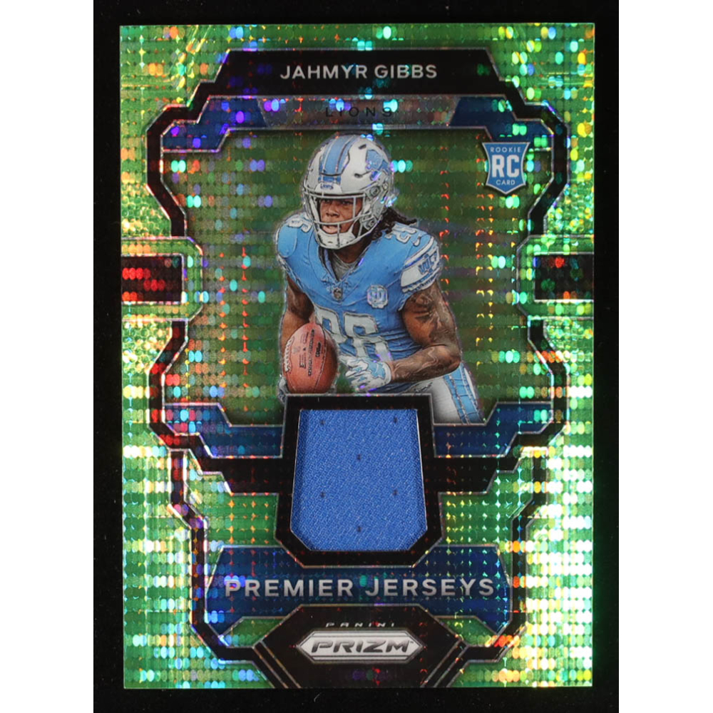 Jahmyr Gibbs 2023 Panini Prizm Premier Jerseys Neon Green Pulsar #7 RC at PristineAuction.com