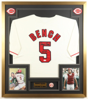 Johnny Bench Signed Custom Framed Jersey & Vintage Reds Lapel Pin Inscribed "HOF 89" (JSA) at PristineAuction.com