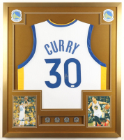 Stephen Curry Signed Custom Framed Jersey & (4) NBA Finals Championship Pins (JSA) at PristineAuction.com