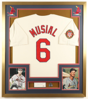 Stan Musial Signed Cut Cardinals Custom Framed Cut Display with Jersey & Pin (PSA) at PristineAuction.com