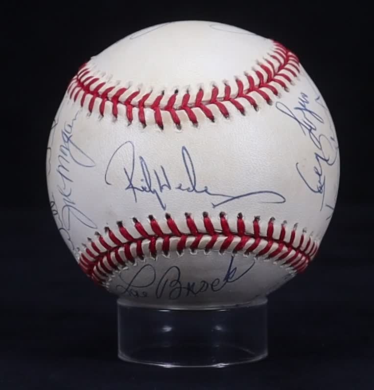 Rickey Henderson, Joe Morgan, Lou Brock, Tim Raines | 100 Stolen Base Club OAL Baseball Signed By (15) with Display Case (JSA) at PristineAuction.com