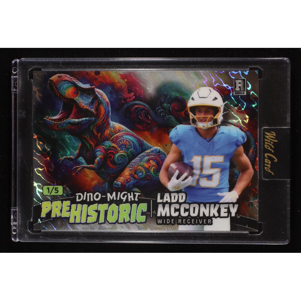 Ladd McConkey 2024 Wild Card Alumination Pre-Historic T-Rex Green Stealth #LM #1/5 RC at PristineAuction.com