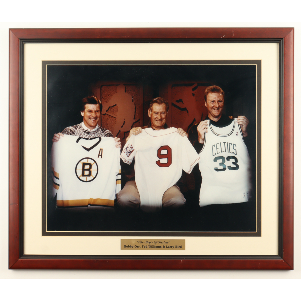 Larry Bird, Ted Williams & Bobby Orr "The Boys of Boston" Custom Framed Photo Display at PristineAuction.com