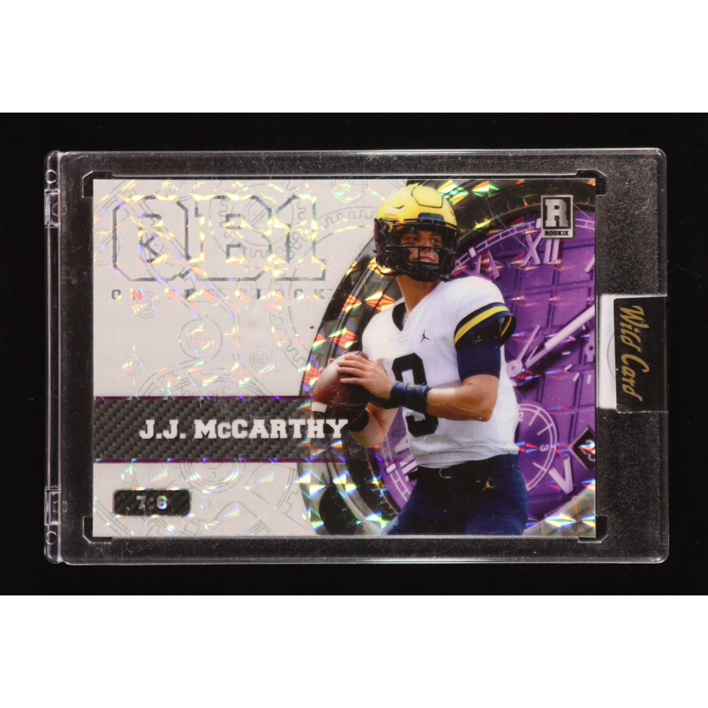 JJ McCarthy 2023 Wild Card QB1 On The Clock White Purple Mosaic #OCW-JM1 #7/8 RC at PristineAuction.com