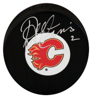 Al MacInnis Signed Flames Logo Hockey Puck (Schwartz) at PristineAuction.com