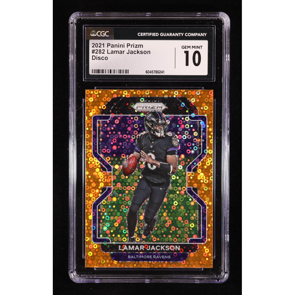 Lamar Jackson 2021 Panini Prizm Prizms Orange Disco #282 (CGC 10) at PristineAuction.com