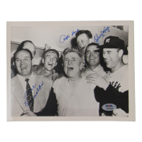 Ralph Houk, Johnny Mize, & Allie Reynolds Signed Original 1952 Topps Yankees 8x10 UPI Photo (PSA with back stamp) at PristineAuction.com