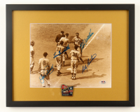 Braves Custom Framed Photo Display With Official 1957 World Series Pin Signed By (4) With Eddie Matthews, Joe Adcock, Bill Bruton & Lew Burdette (PSA) at PristineAuction.com