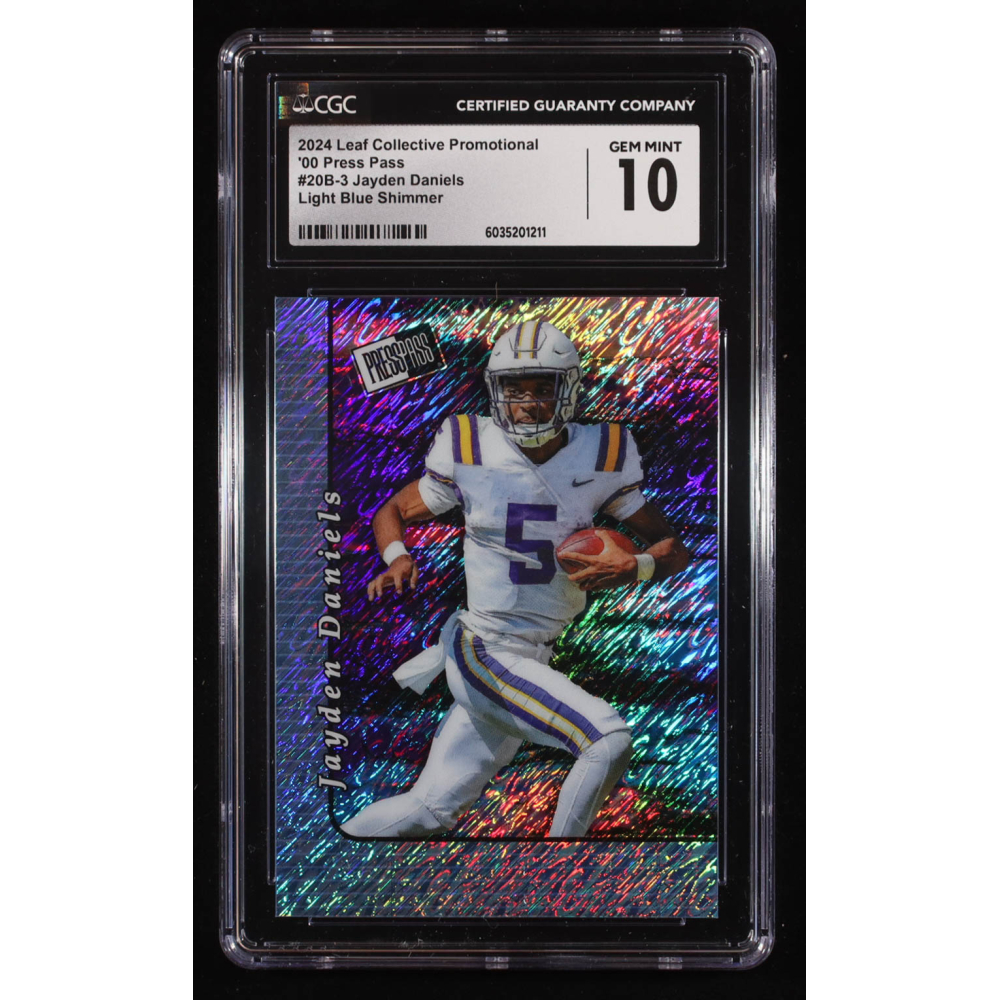Jayden Daniels 2024 Leaf Collective Promotional '00 Press Pass Light Blue Shimmer #20B3 RC (CGC 10) at PristineAuction.com