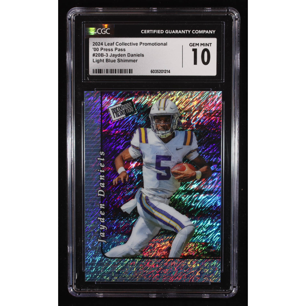 Jayden Daniels 2024 Leaf Collective Promotional '00 Press Pass Light Blue Shimmer #20B3 RC (CGC 10) at PristineAuction.com