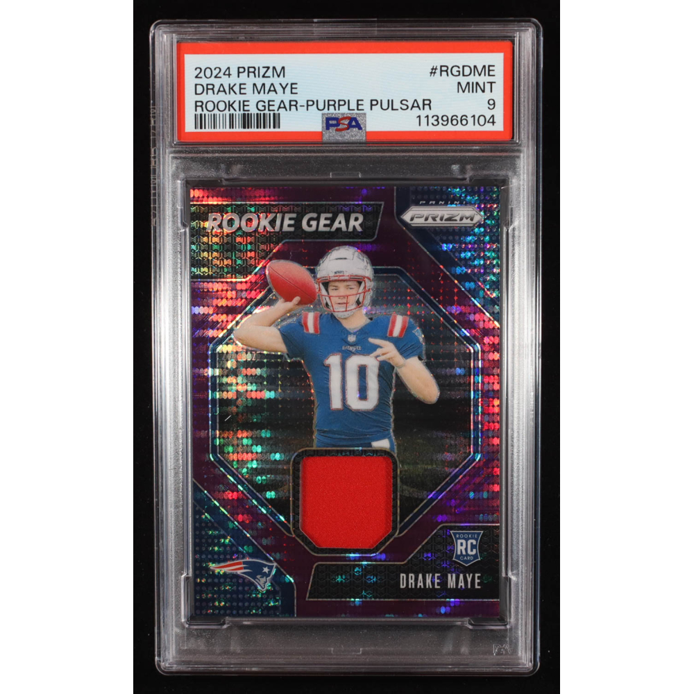 Drake Maye 2024 Panini Prizm Rookie Gear Purple Pulsar #RGDME RC (PSA 9) at PristineAuction.com
