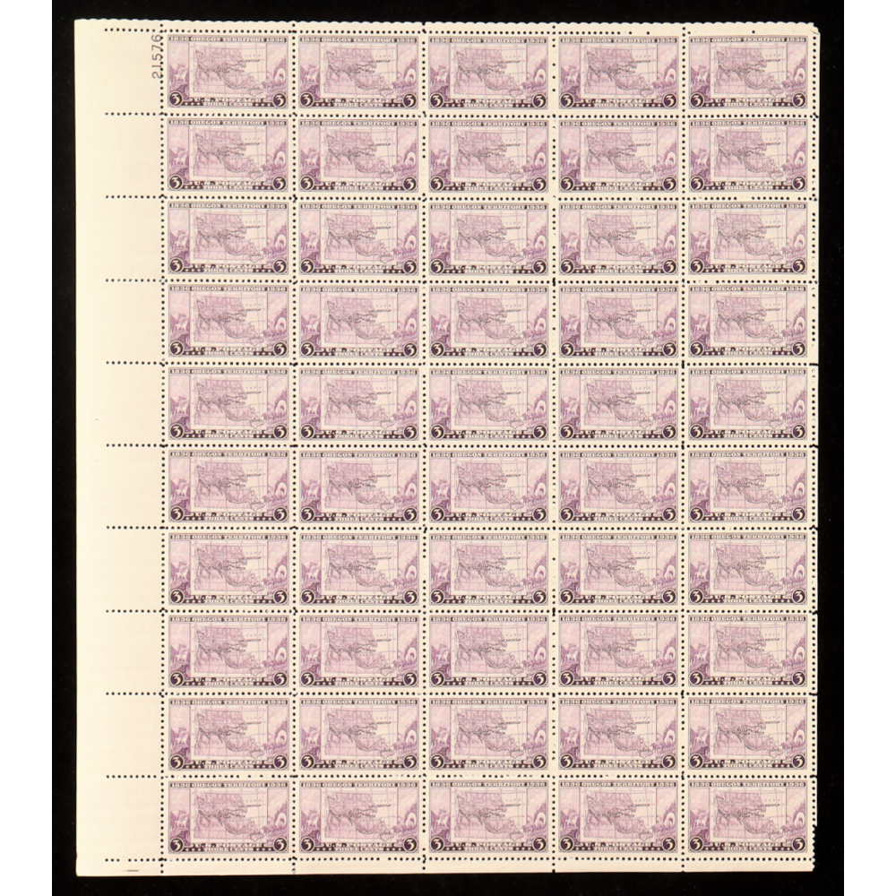 U.S. Postage 3¢ "Oregon Territory Centennial" Stamp - Issued July 14th 1936 - Full Original Uncut Sheet Of (50) Stamps at PristineAuction.com