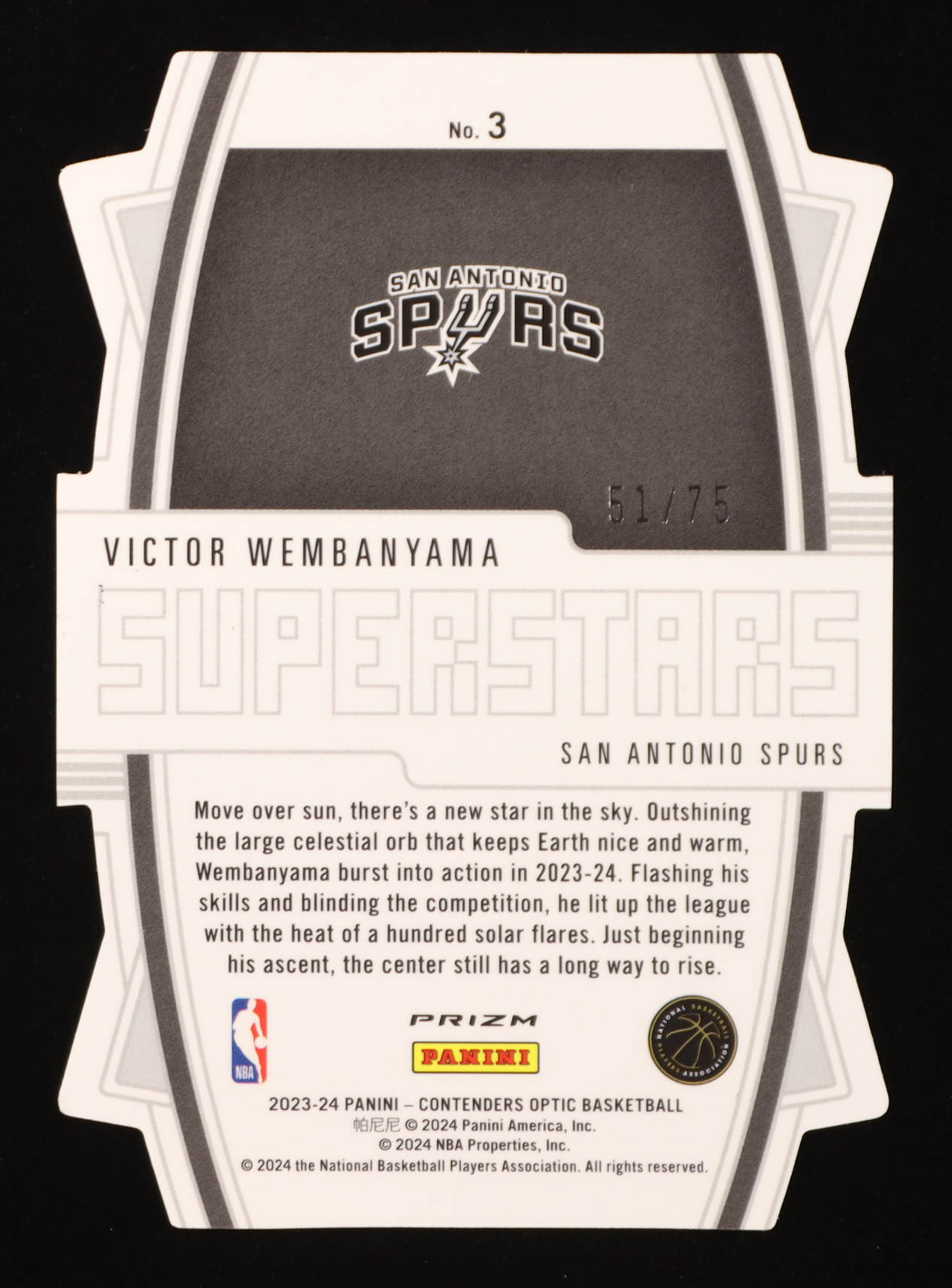 Victor Wembanyama 2023-24 Panini Contenders Optic Superstars Blue Cracked Ice #3 RC #51/75 at PristineAuction.com Victor Wembanyama 2023-24 Panini Contenders Optic Superstars Blue Cracked Ice #3 RC #51/75 at PristineAuction.com