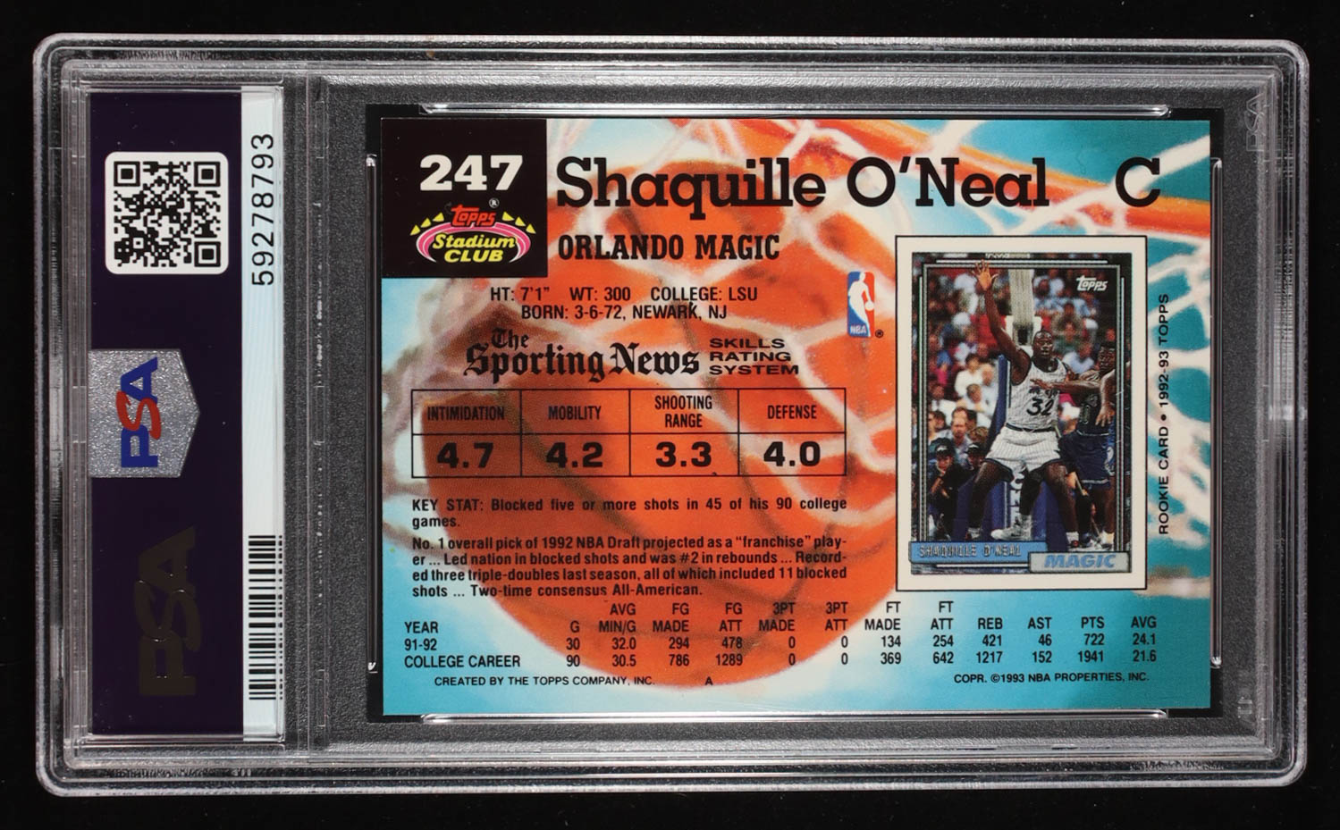 Shaquille O'Neal 1992-93 Stadium Club #247 RC (PSA 9) at PristineAuction.com Shaquille O'Neal 1992-93 Stadium Club #247 RC (PSA 9) at PristineAuction.com