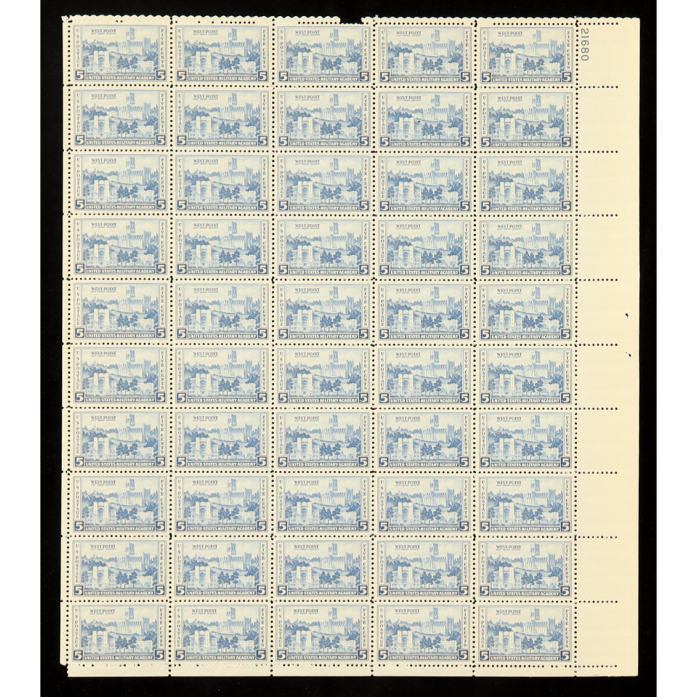 U.S. Postage 5¢ "West Point" Commemorative Stamp - Issued May 26th 1937 - Full Original Uncut Sheet Of (50) Stamps at PristineAuction.com