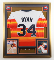 Nolan Ryan Signed Custom Framed Jersey Display with (4) Pins Inscribed "108.5 M.P.H. Fastball" (PSA) at PristineAuction.com