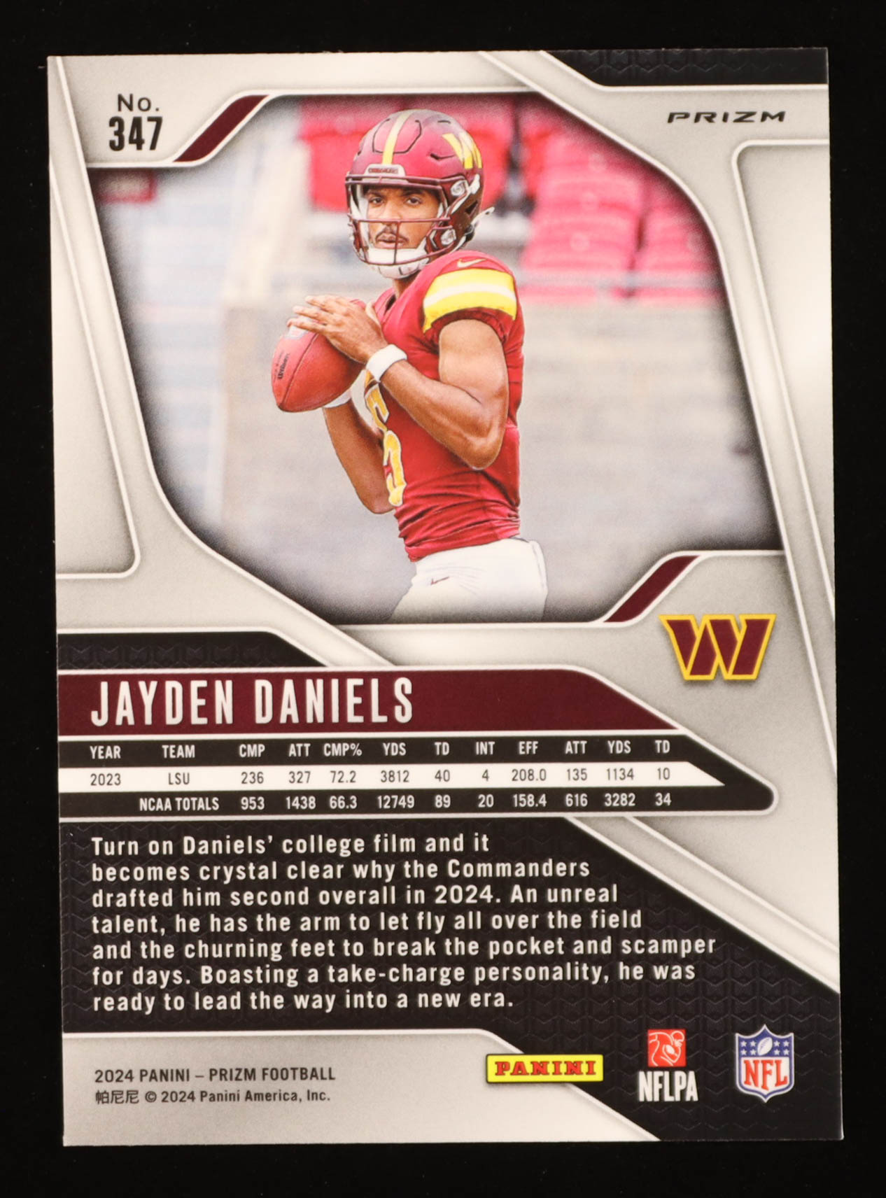 Jayden Daniels 2024 Panini Prizm Prizms Red White and Blue #347 RC at PristineAuction.com Jayden Daniels 2024 Panini Prizm Prizms Red White and Blue #347 RC at PristineAuction.com