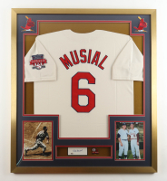 Stan Musial Signed Cut Cardinals Custom Framed Cut Display with Jersey & Pin (PSA) at PristineAuction.com