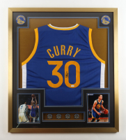 Stephen Curry Signed Custom Framed Jersey with (4) Warriors Championship Pins & (2) Cloth Logo Patches (JSA) at PristineAuction.com