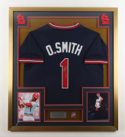 Ozzie Smith Signed Custom Framed Jersey with Cardinals World Series Pin & (2) Cloth Logo Patches (Steiner) at PristineAuction.com