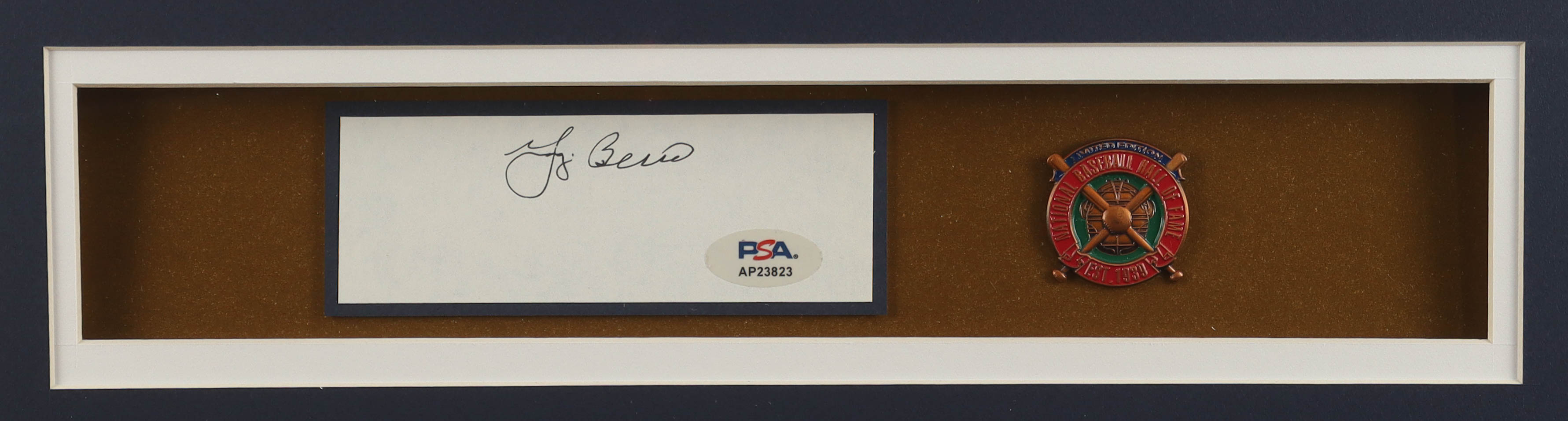 Yogi Berra Signed Cut Custom Framed Cut Display with Jersey & Hall of Fame Pin (PSA) at PristineAuction.com Yogi Berra Signed Cut Custom Framed Cut Display with Jersey & Hall of Fame Pin (PSA) at PristineAuction.com
