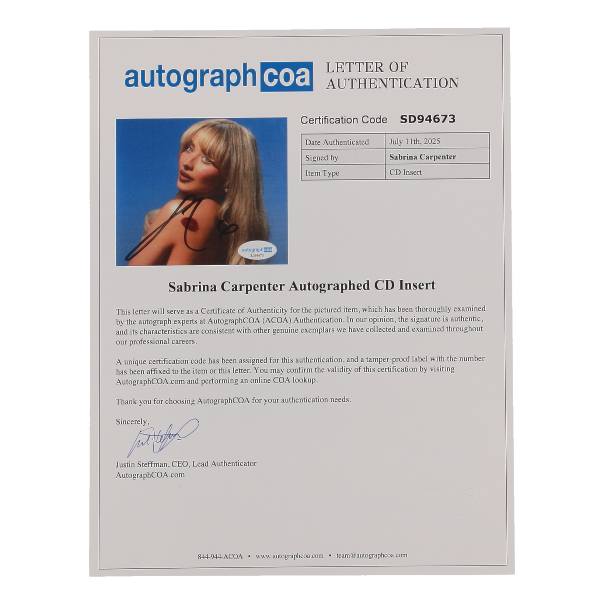 Sabrina Carpenter Signed “Short n' Sweet” CD Insert Lithograph Display with CD & 8x10 Photo (ACOA) at PristineAuction.com Sabrina Carpenter Signed “Short n' Sweet” CD Insert Lithograph Display with CD & 8x10 Photo (ACOA) at PristineAuction.com