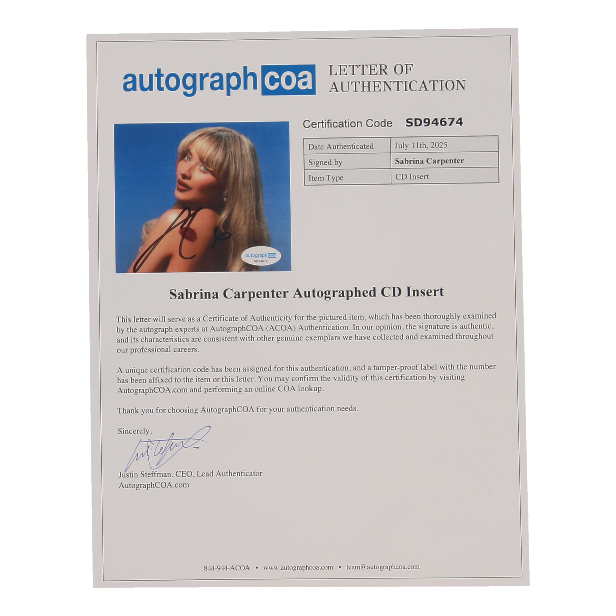 Sabrina Carpenter Signed “Short n' Sweet” CD Insert Lithograph Display with CD & 8x10 Photo (ACOA) at PristineAuction.com Sabrina Carpenter Signed “Short n' Sweet” CD Insert Lithograph Display with CD & 8x10 Photo (ACOA) at PristineAuction.com