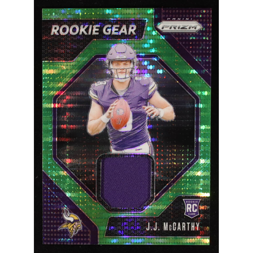 JJ McCarthy 2024 Panini Prizm Rookie Gear Neon Green Pulsar #8 RC at PristineAuction.com