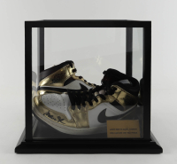 Larry Bird & Magic Johnson Signed Pair Of Gold Nike Air Jordan Basketball Shoes With Display Case (PSA & Beckett) at PristineAuction.com