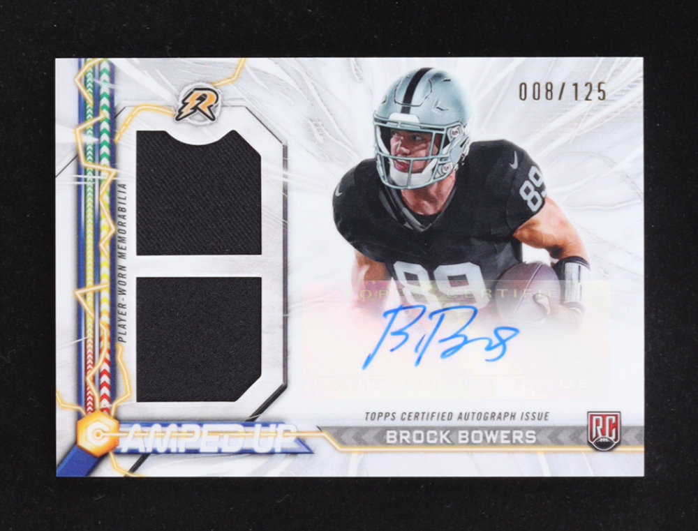 Brock Bowers 2024 Topps Resurgence Amped Up Rookie Patch Autographs White Surge #AUBB RC #008/125