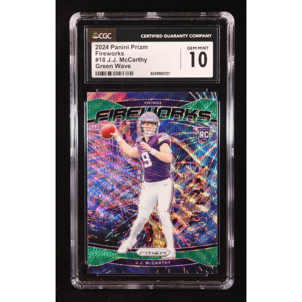 JJ McCarthy 2024 Panini Prizm Fireworks Prizms Green #18 RC (CGC 10) at PristineAuction.com