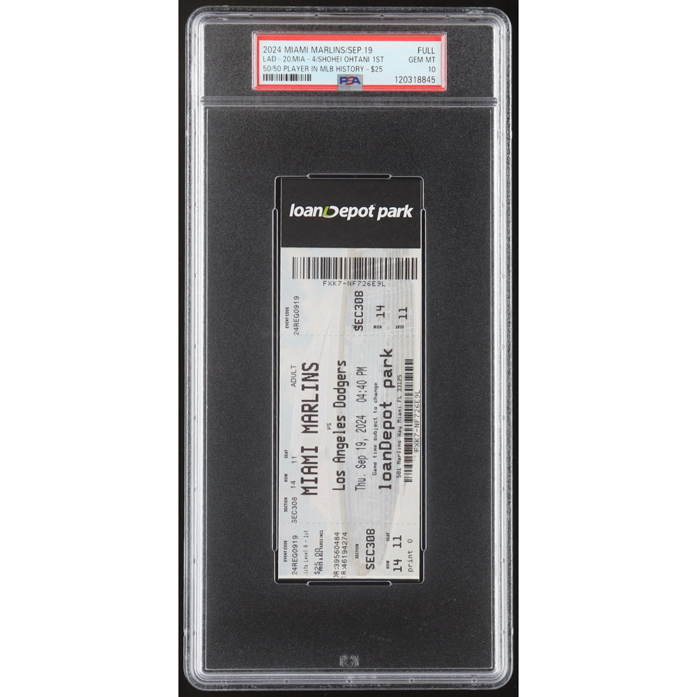 Shohei Ohtani 2024 Dodgers 1st 50/50 Player In MLB History Authentic Full Game Ticket (PSA 10) at PristineAuction.com