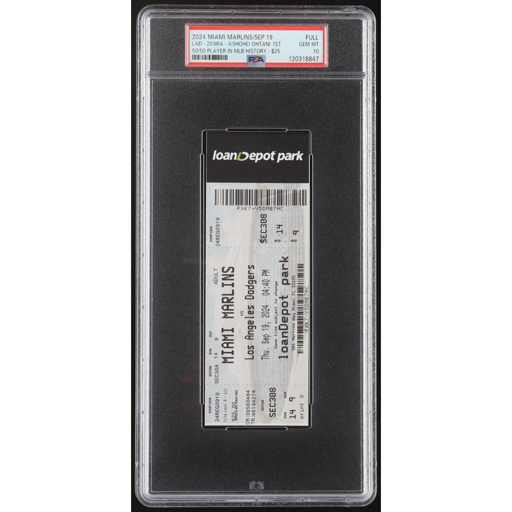 Shohei Ohtani 2024 Dodgers 1st 50/50 Player In MLB History Authentic Full Game Ticket (PSA 10) at PristineAuction.com