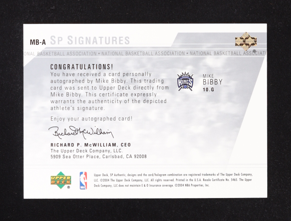 Mike Bibby 2004-05 SP Authentic Signatures #MB at PristineAuction.com Mike Bibby 2004-05 SP Authentic Signatures #MB at PristineAuction.com