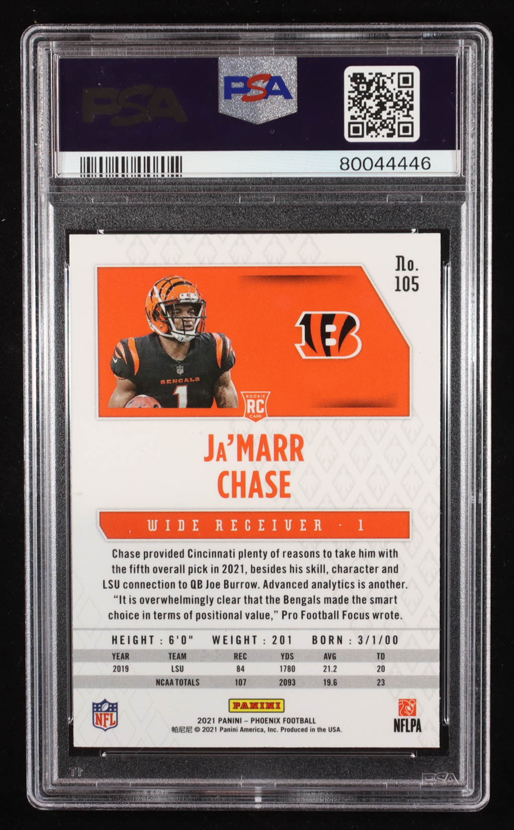 Ja'Marr Chase 2021 Panini Phoenix Fire Burst #105 RC (PSA 10) at PristineAuction.com Ja'Marr Chase 2021 Panini Phoenix Fire Burst #105 RC (PSA 10) at PristineAuction.com